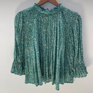 Free People Peasant Top Puff Sleeve Green Floral Keyhole Back Blouse Size S